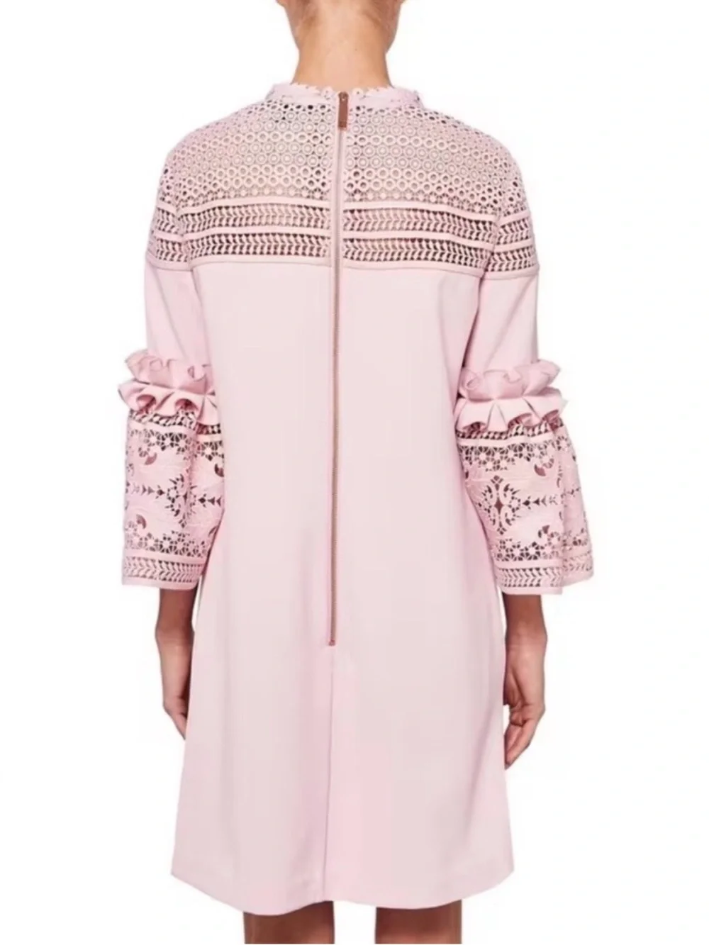 Ted Baker Soft Pink Lace-Yoke Bell-Sleeve Shift Dress Sz 6 (TB 2) - Picture 5 of 17